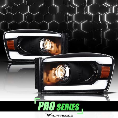 Alpha Owls 8711453 Projector Headlights With White LED Light Bar - Black Amber Fits 2006-2008 Dodge Ram 1500/2006-2009 2500 3500 in Saudi Arabia
