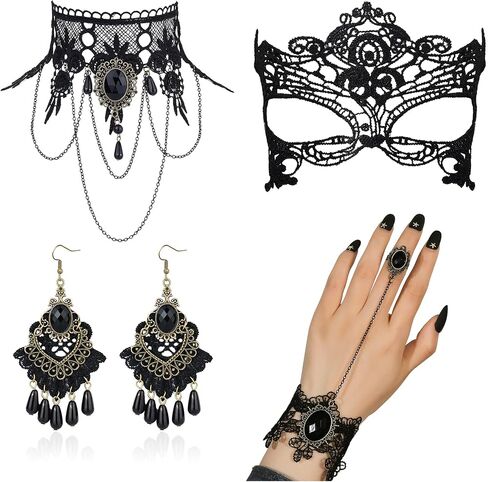 HAIAISO القوطية المختنق هالوين مصاص دماء المختنق قلادة الأسود الدانتيل المختنق الدانتيل تنكر قناع القوطية أقراط سوار لجميع القديسين in Kuwait