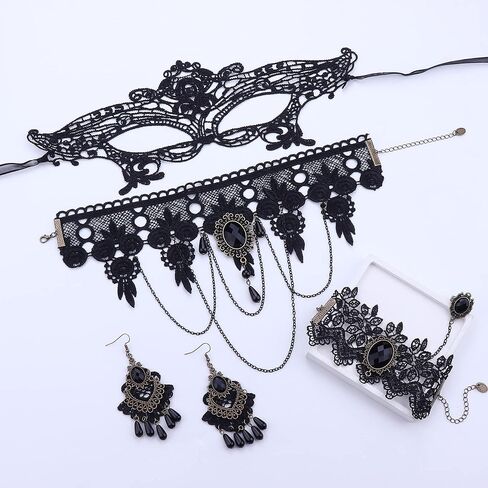 HAIAISO القوطية المختنق هالوين مصاص دماء المختنق قلادة الأسود الدانتيل المختنق الدانتيل تنكر قناع القوطية أقراط سوار لجميع القديسين in Kuwait