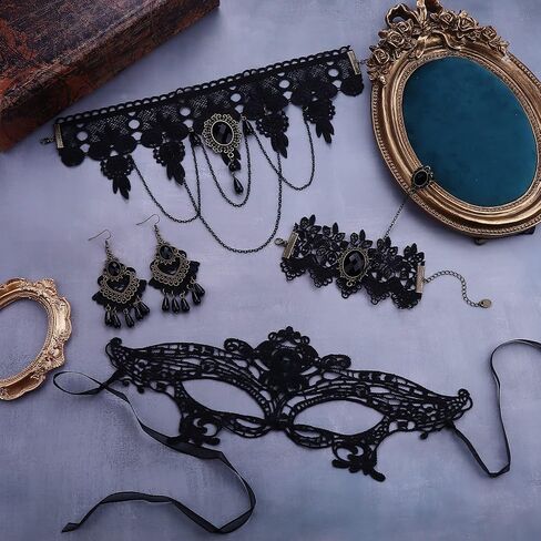 HAIAISO القوطية المختنق هالوين مصاص دماء المختنق قلادة الأسود الدانتيل المختنق الدانتيل تنكر قناع القوطية أقراط سوار لجميع القديسين in Kuwait