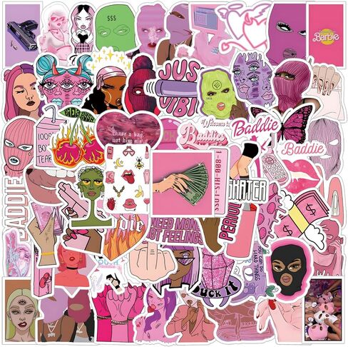 64 قطعة من ملصقات الكتابة على الجدران المقاومة للماء من الفينيل الوردي من Baddie للبالغين والمراهقين لمستلزمات حفلات أعياد الميلاد والهالوين لتزيين خوذة زجاجات المياه للكمبيوتر المحمول in Kuwait