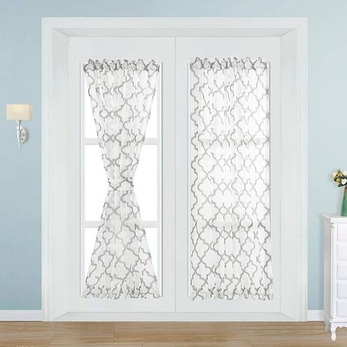 NAPEARL French Door Curtains Geometric Patterns Sidelight for Front Door, Faux Linen Semi-Sheer with Top and Bottom Rod Pocket, 1 Panel in Kuwait