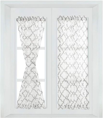 NAPEARL French Door Curtains Geometric Patterns Sidelight for Front Door, Faux Linen Semi-Sheer with Top and Bottom Rod Pocket, 1 Panel in Kuwait