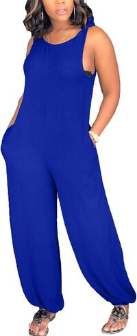 Yeshire Women's Sleeveless Round Neck Loose Fit Solid Color Casual Jumpsuits Rompers Long Pants in Saudi Arabia