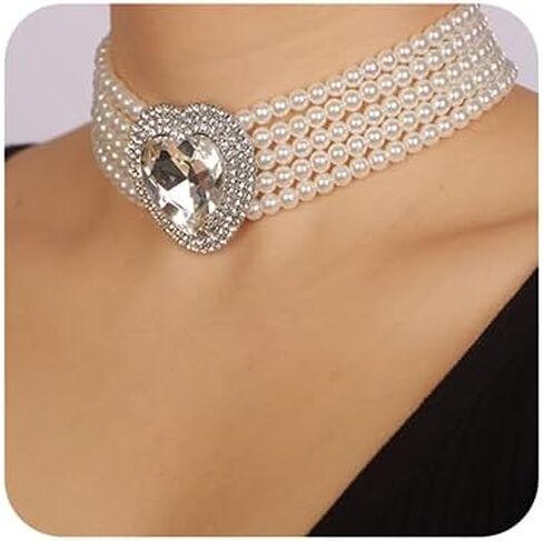 fxmimior Boho Women Multilayer 1920s Love Heart Rhinestone Necklaces Gold Silver Dainty Pearls Layered Choker Necklaces Fashion Red Pink Chunky Pendant Multilayer Adjustable Layering Chain Necklaces for Women Girls in Saudi Arabia