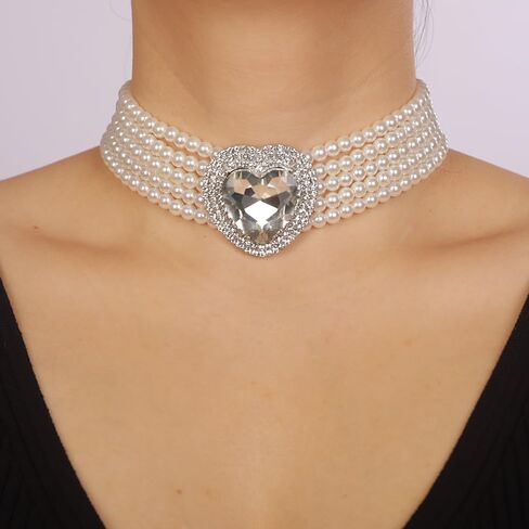 fxmimior Boho Women Multilayer 1920s Love Heart Rhinestone Necklaces Gold Silver Dainty Pearls Layered Choker Necklaces Fashion Red Pink Chunky Pendant Multilayer Adjustable Layering Chain Necklaces for Women Girls in Saudi Arabia