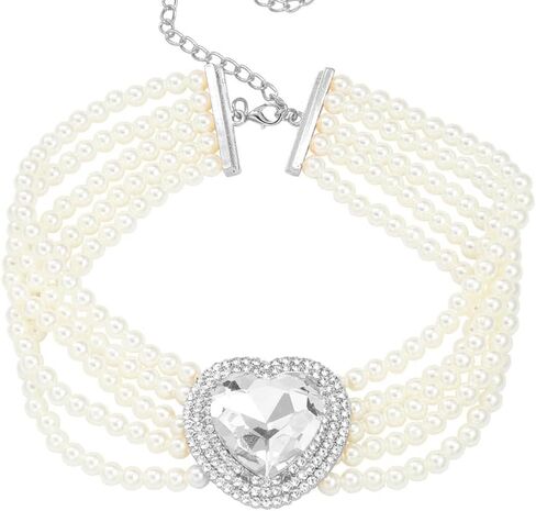 fxmimior Boho Women Multilayer 1920s Love Heart Rhinestone Necklaces Gold Silver Dainty Pearls Layered Choker Necklaces Fashion Red Pink Chunky Pendant Multilayer Adjustable Layering Chain Necklaces for Women Girls in Saudi Arabia