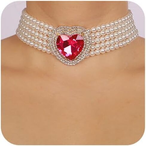 fxmimior Boho Women Multilayer 1920s Love Heart Rhinestone Necklaces Gold Silver Dainty Pearls Layered Choker Necklaces Fashion Red Pink Chunky Pendant Multilayer Adjustable Layering Chain Necklaces for Women Girls in Saudi Arabia
