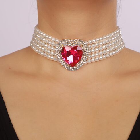 fxmimior Boho Women Multilayer 1920s Love Heart Rhinestone Necklaces Gold Silver Dainty Pearls Layered Choker Necklaces Fashion Red Pink Chunky Pendant Multilayer Adjustable Layering Chain Necklaces for Women Girls in Saudi Arabia