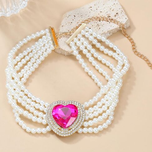fxmimior Boho Women Multilayer 1920s Love Heart Rhinestone Necklaces Gold Silver Dainty Pearls Layered Choker Necklaces Fashion Red Pink Chunky Pendant Multilayer Adjustable Layering Chain Necklaces for Women Girls in Saudi Arabia
