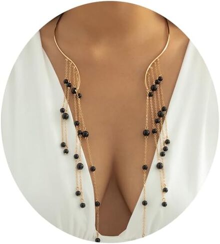 بسيطة معدنية مفتوحة اللؤلؤ المختنق قلادة طويلة شرابة كريستال الخرز الترقوة سلسلة قلادة الصيف بيان كريستال طوق قلادة لؤلؤة الصدر الجسم مجوهرات للنساء in Kuwait
