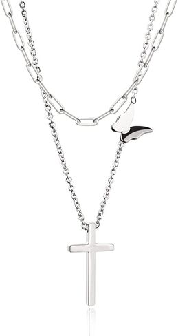 Layered Paperclip Choker Cross Pendant Butterfly Necklaces Gifts for Women Girls in Saudi Arabia