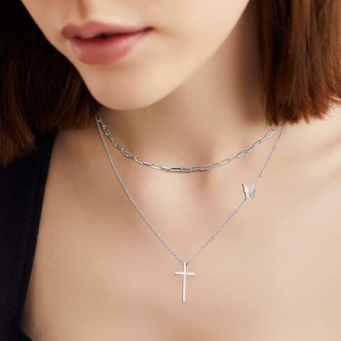 Layered Paperclip Choker Cross Pendant Butterfly Necklaces Gifts for Women Girls in Saudi Arabia