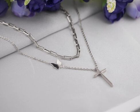 Layered Paperclip Choker Cross Pendant Butterfly Necklaces Gifts for Women Girls in Saudi Arabia