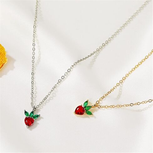 Crystal Fruit Necklace for Women Girls Cute Colourful 14K Gold Plated Lifelike Apple Strawberry Cherry Peach Grape CZ Tropical Fruit Charm Pendant Fruit Basket Choker Jewelry Gifts in Saudi Arabia