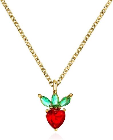 Crystal Fruit Necklace for Women Girls Cute Colourful 14K Gold Plated Lifelike Apple Strawberry Cherry Peach Grape CZ Tropical Fruit Charm Pendant Fruit Basket Choker Jewelry Gifts in Saudi Arabia