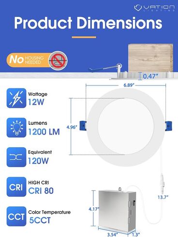 6 بوصات 5CCT رفيعة للغاية وقابلة للتعتيم LED مع صندوق توصيل، 2700K/3000K/3500K/4000K/5000K قابلة للتحديد، 12W Eqv 120W، سطوع 1200LM، مدرج في قائمة ETL&FCC in Kuwait