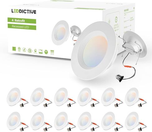 12 حزمة 4 بوصة LED تحديثية للإضاءة، 5CCT 4 بوصة يمكن أن تضيء 2700K-6000K قابلة للتعتيم، 9W 630LM مصابيح سفلية مجوفة مع زخرفة معدنية ناعمة - ETL وEnergy Star معتمدة in Saudi Arabia