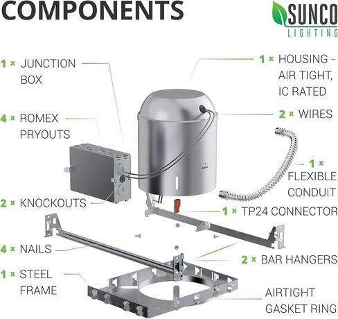 Sunco Lighting 12 حزمة 6 بوصة يمكن لغطاء الإضاءة المجوف أن يضيء البناء الجديد لسقف محكم الهواء 120-277 فولت، سلك صلب، موصل TP24، سهل التركيب، تصنيف IC، متوافق مع UL Title 24 in Saudi Arabia