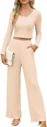 AOMONI المرأة Bodycon المحاصيل الأعلى عالية الخصر واسعة الساق طويلة الأكمام 2 قطعة ملابس رياضية مع جيوب in Kuwait