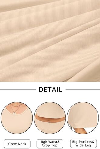 AOMONI المرأة Bodycon المحاصيل الأعلى عالية الخصر واسعة الساق طويلة الأكمام 2 قطعة ملابس رياضية مع جيوب in Kuwait