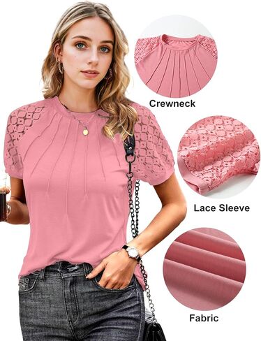 Womens Fashion Tops Crewneck Sexy Patchwork Lace Short Sleeve Tee Shirts Casual Business Knitted Blouses in Saudi Arabia