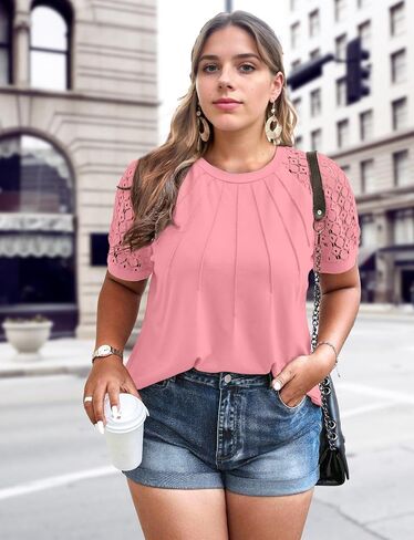 Womens Fashion Tops Crewneck Sexy Patchwork Lace Short Sleeve Tee Shirts Casual Business Knitted Blouses in Saudi Arabia