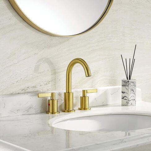 Brushed Gold 8 Inch Widespread Bathroom Sink Faucet for Sink 3 Hole with Pop-Up Drain, High Arc Modern Two Handle Bathroom Vanity Lavatory Faucet with Brass 360° Swivel Spout, TAF830C-PB in Saudi Arabia