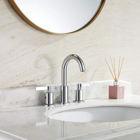 Brushed Gold 8 Inch Widespread Bathroom Sink Faucet for Sink 3 Hole with Pop-Up Drain, High Arc Modern Two Handle Bathroom Vanity Lavatory Faucet with Brass 360° Swivel Spout, TAF830C-PB in Saudi Arabia