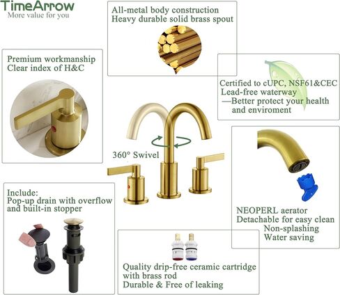 Brushed Gold 8 Inch Widespread Bathroom Sink Faucet for Sink 3 Hole with Pop-Up Drain, High Arc Modern Two Handle Bathroom Vanity Lavatory Faucet with Brass 360° Swivel Spout, TAF830C-PB in Saudi Arabia