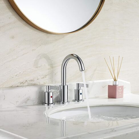 Brushed Gold 8 Inch Widespread Bathroom Sink Faucet for Sink 3 Hole with Pop-Up Drain, High Arc Modern Two Handle Bathroom Vanity Lavatory Faucet with Brass 360° Swivel Spout, TAF830C-PB in Saudi Arabia