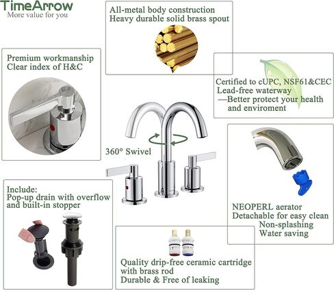 Brushed Gold 8 Inch Widespread Bathroom Sink Faucet for Sink 3 Hole with Pop-Up Drain, High Arc Modern Two Handle Bathroom Vanity Lavatory Faucet with Brass 360° Swivel Spout, TAF830C-PB in Saudi Arabia