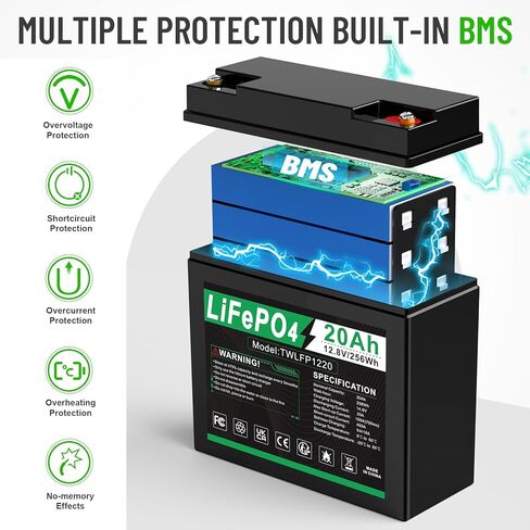 بطارية ARyee 12V 10Ah Deep Cycle LiFePO4، بطارية قابلة لإعادة الشحن لأكثر من 2000 دورة، بطارية ليثيوم مدمجة لا تحتاج إلى صيانة BMS للإضاءة في حالات الطوارئ، مكتشف الأسماك، النظام الشمسي، UPS والمزيد in Kuwait