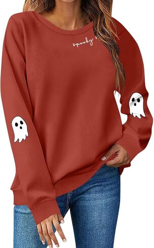 Halloween Sweatshirts For Women Spooky Season Funny Long Sleeve Graphic Crewneck Pullover Tops Cute Ghost Sweater in Saudi Arabia