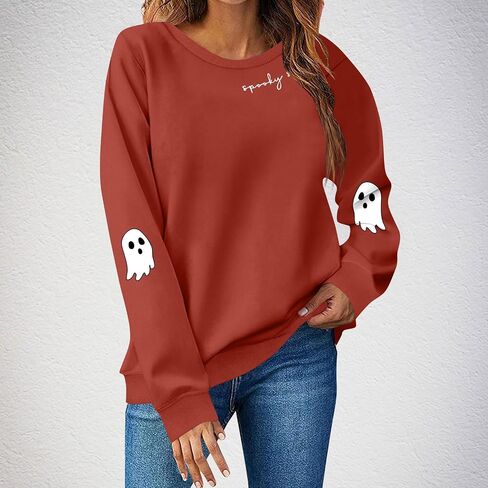 Halloween Sweatshirts For Women Spooky Season Funny Long Sleeve Graphic Crewneck Pullover Tops Cute Ghost Sweater in Saudi Arabia