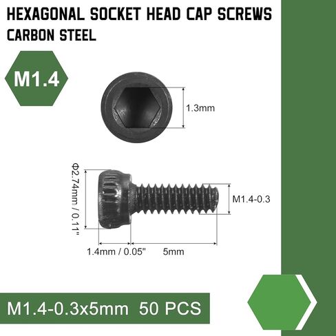 uxcell Hex Socket Bolts (M1.4-0.3x5), Grade 12.9 Carbon Steel Hex Socket Drive Screws, Black, 50 Pcs in Saudi Arabia
