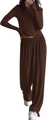 PRETTYGARDN Fall Outfits For Women 2025 Soft Pajamas Two Piece Lounge Sets Long Sleeve Shirts Wide Leg Pants Tracksuit in Saudi Arabia