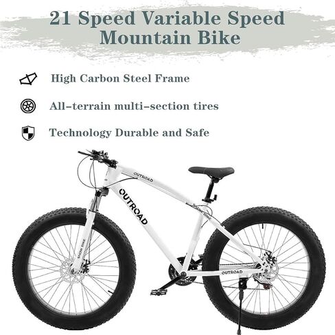 26 Inch Fat Tire Mountain Bike High-Aluminum/Carbon Steel Frame,with Dual Disc Brakes, 26 Inch Non-Slip Wide Tires with 21 Speed, Mountain Bicycle for Men and Women in Kuwait