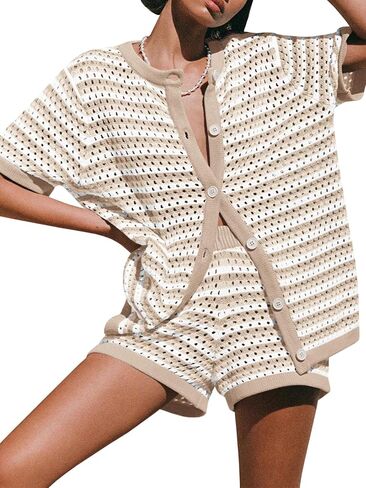 Saodimallsu Womens Crochet Swimsuit Coverup Summer Beach مجموعات مخططة متماسكة الأكمام قصيرة زر القمصان 2 قطعة قصيرة مجموعة in Saudi Arabia