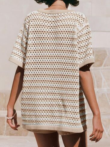 Saodimallsu Womens Crochet Swimsuit Coverup Summer Beach مجموعات مخططة متماسكة الأكمام قصيرة زر القمصان 2 قطعة قصيرة مجموعة in Saudi Arabia