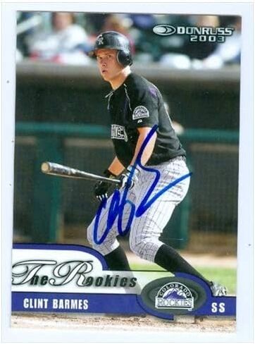 Autograph Warehouse 40077 Clint Barmes Autographed Baseball Card Colorado Rockies 2003 Donruss Rookie No. 11 in Saudi Arabia