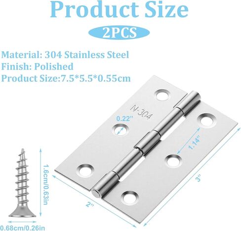 2 pcs 3 "مفصلات غير قابلة للصدأ ، مفصلات الباب القابلة للطي من الفولاذ المقاوم للصدأ مع مفصلات الباب مع 12 ٪ من مسامير الفولاذ المقاوم للصدأ نافذة وأبواب الأبواب للنوافذ الصناديق الخشبية (الفضة) in Kuwait