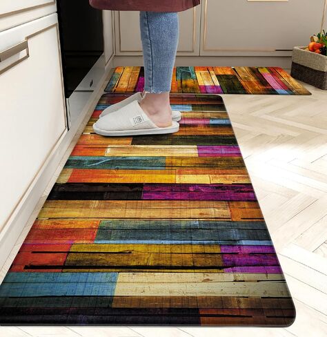 Kitchen Mats for Floor Colorful kitchen rugs Cool Wooden Abstract Anti Fatigue Kitchen Mats Waterproof Floor Mats Cushioned Non-Skid Standing Mats for Laundry, Sink, Set of 2,17.3 x 28+17.3 x 47 Inch in Saudi Arabia