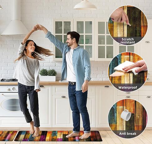 Kitchen Mats for Floor Colorful kitchen rugs Cool Wooden Abstract Anti Fatigue Kitchen Mats Waterproof Floor Mats Cushioned Non-Skid Standing Mats for Laundry, Sink, Set of 2,17.3 x 28+17.3 x 47 Inch in Saudi Arabia