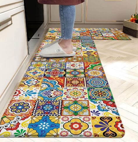 Kitchen Mats for Floor Colorful kitchen rugs Cool Wooden Abstract Anti Fatigue Kitchen Mats Waterproof Floor Mats Cushioned Non-Skid Standing Mats for Laundry, Sink, Set of 2,17.3 x 28+17.3 x 47 Inch in Saudi Arabia