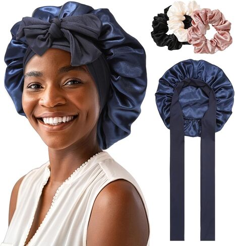 تقطيع ساتين قابل للانعكاس للنساء مع 3pcs الشعر scrunchies ربطة عنق فرقة الشعر للنوم الكبير 2 طبقة من الحرير قبعة نوم ليلية للنوم (قابلة للانعكاس (الوردة الغبار/الوردي) in Saudi Arabia