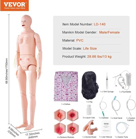 VEVOR قزم التمريض، محاكاة عالية 65 بوصة/165 سم بالحجم الطبيعي، أنواع مختلفة للتمريض، عارضة أزياء للتدريب على التمريض من مادة PVC للذكور/الإناث مع مجموعة تدريب IV، لممارسة التدريب على مهارات التمريض الاحترافية in Kuwait