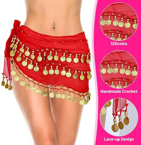 Belly Dance Hip Scarf, Belly Dance Skirt Chiffon Bellys Dances Belt with 128 Gold Coins Performance Bellys Dances Costume for Yoga Dancing (Purple) in Saudi Arabia