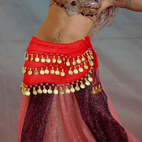 Belly Dance Hip Scarf, Belly Dance Skirt Chiffon Bellys Dances Belt with 128 Gold Coins Performance Bellys Dances Costume for Yoga Dancing (Purple) in Saudi Arabia