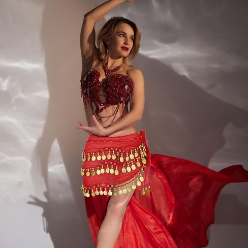 Belly Dance Hip Scarf, Belly Dance Skirt Chiffon Bellys Dances Belt with 128 Gold Coins Performance Bellys Dances Costume for Yoga Dancing (Purple) in Saudi Arabia